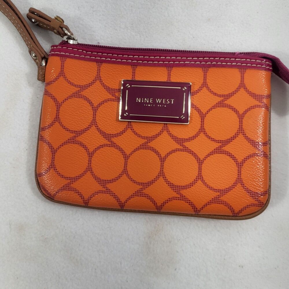 Nine West Hot Pink & Orange Wristlet Coin Purse Makeup Bag Zippered Wrist Strap